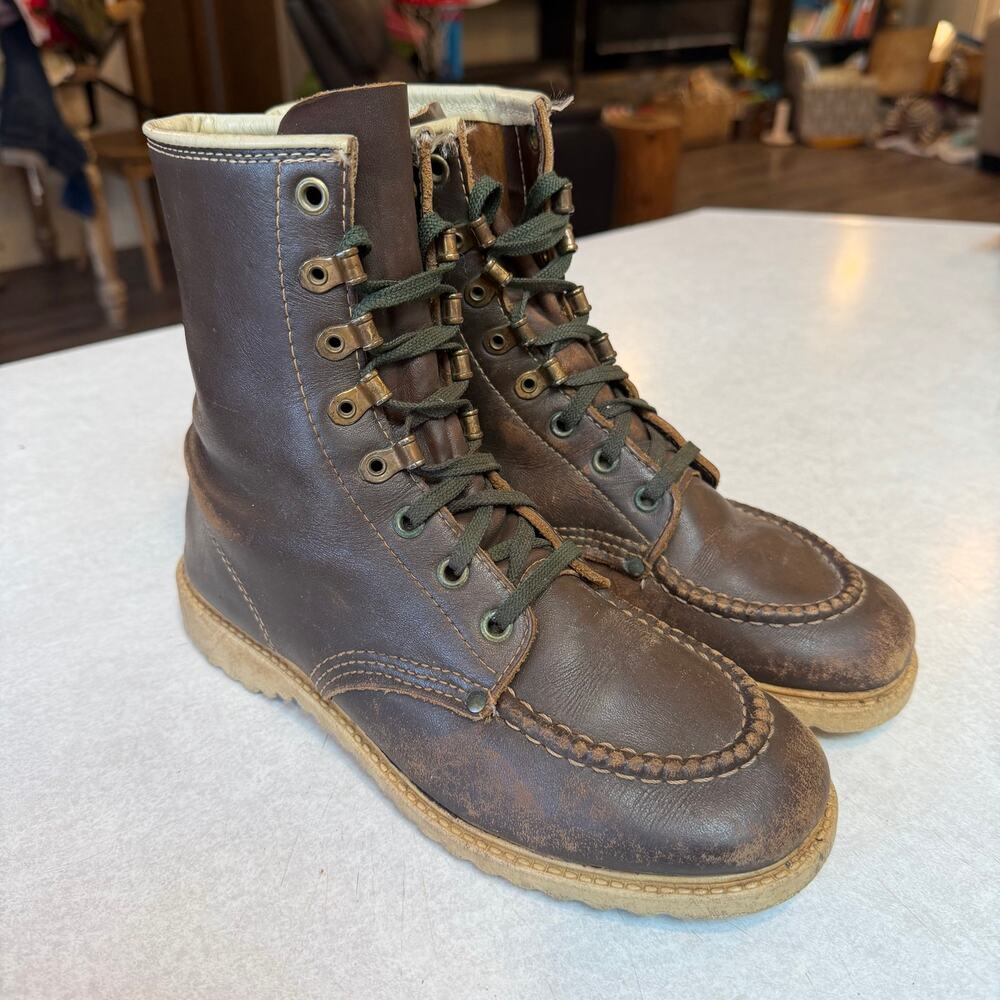 Vintage Unisex Brown Leather Moc Toe Work Boots Crepe Wedge Sole D-ring eyelet